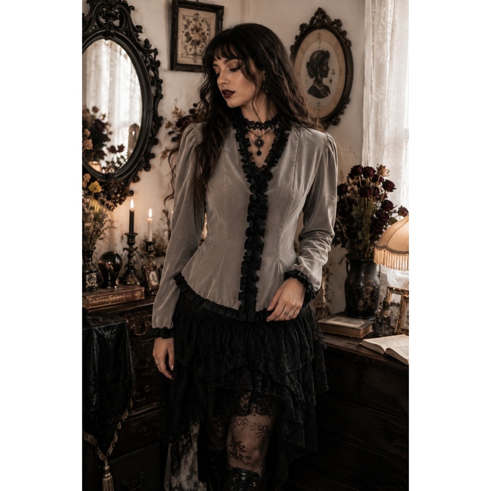 Whimsigoth Fairy Gothic Cosplay Gray Velvet Black Ruffles Puff Sleeve‎ M Jacket